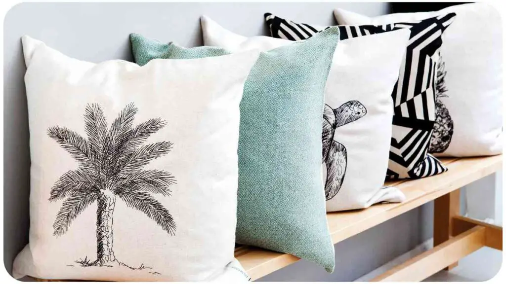 four pillows with palm trees on them are on a wooden bench