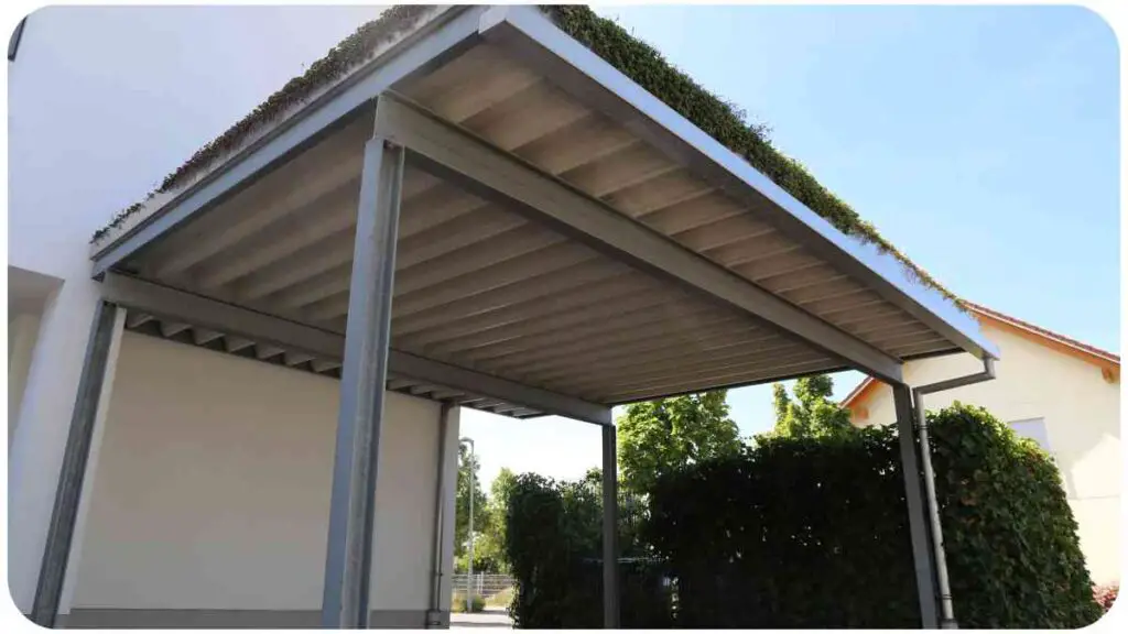 a carport with a roof over it in front of a house