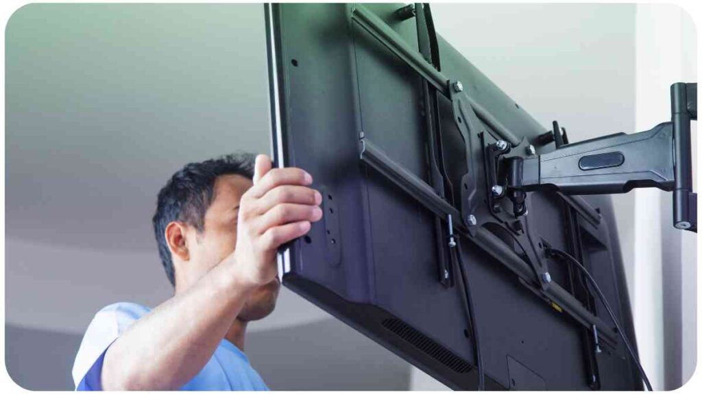 a person holding up a large flat screen television