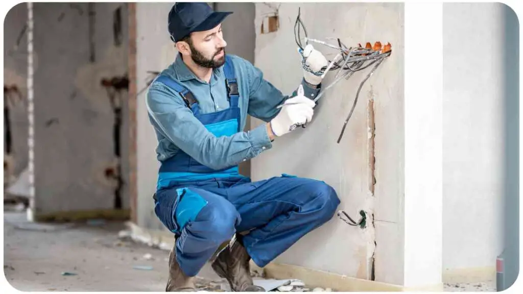 a person in overalls working on a wall