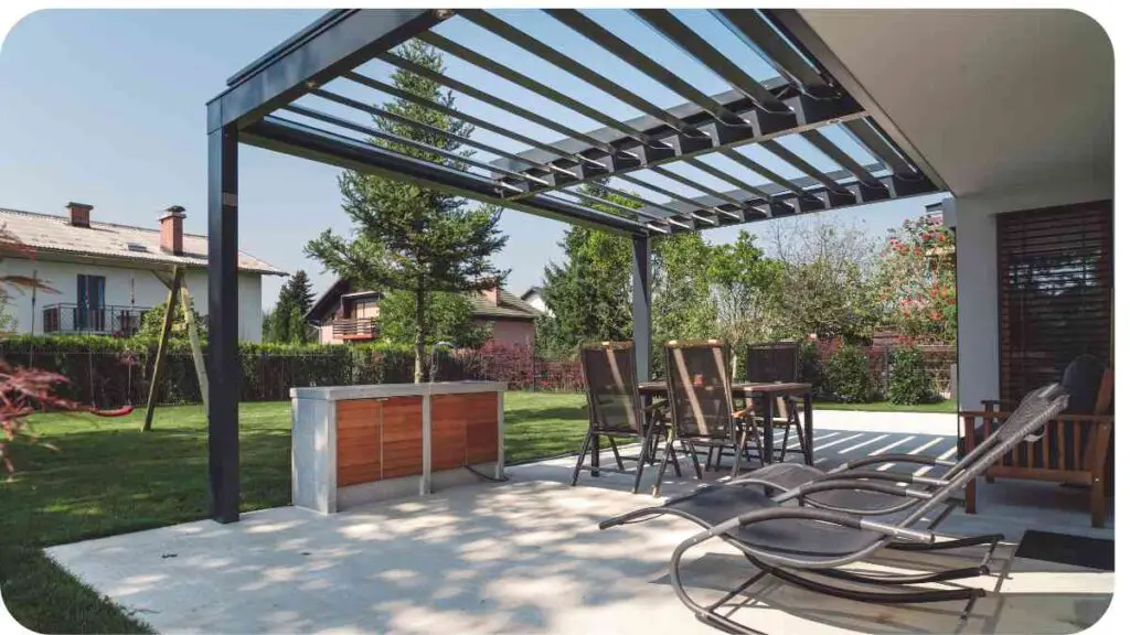 an outdoor dining area with a pergola and chairs