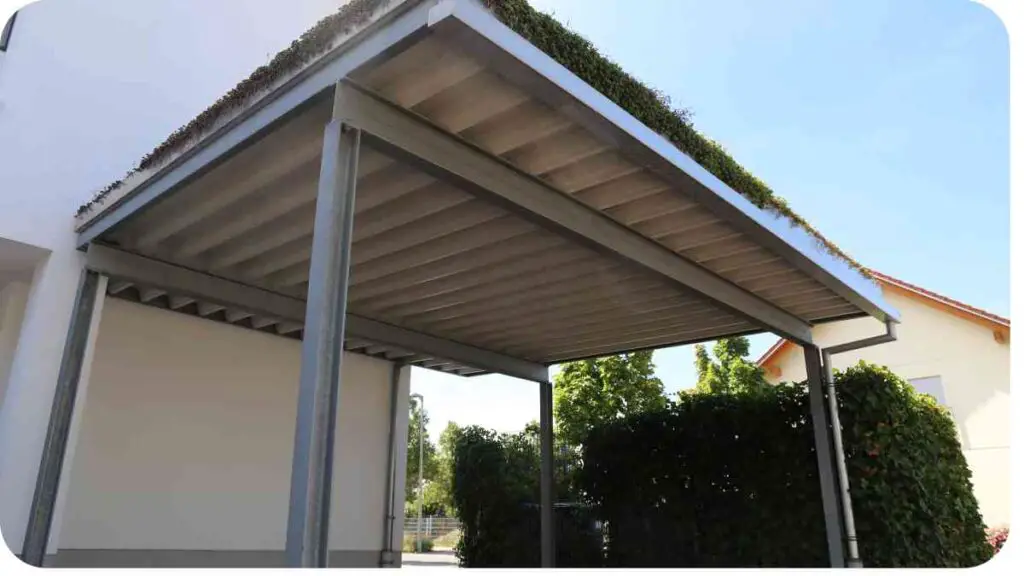a metal carport with a roof over it