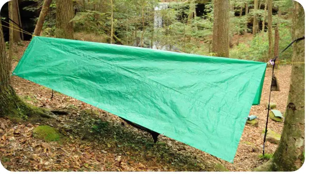 a green tarp hanging from a tree in the woods