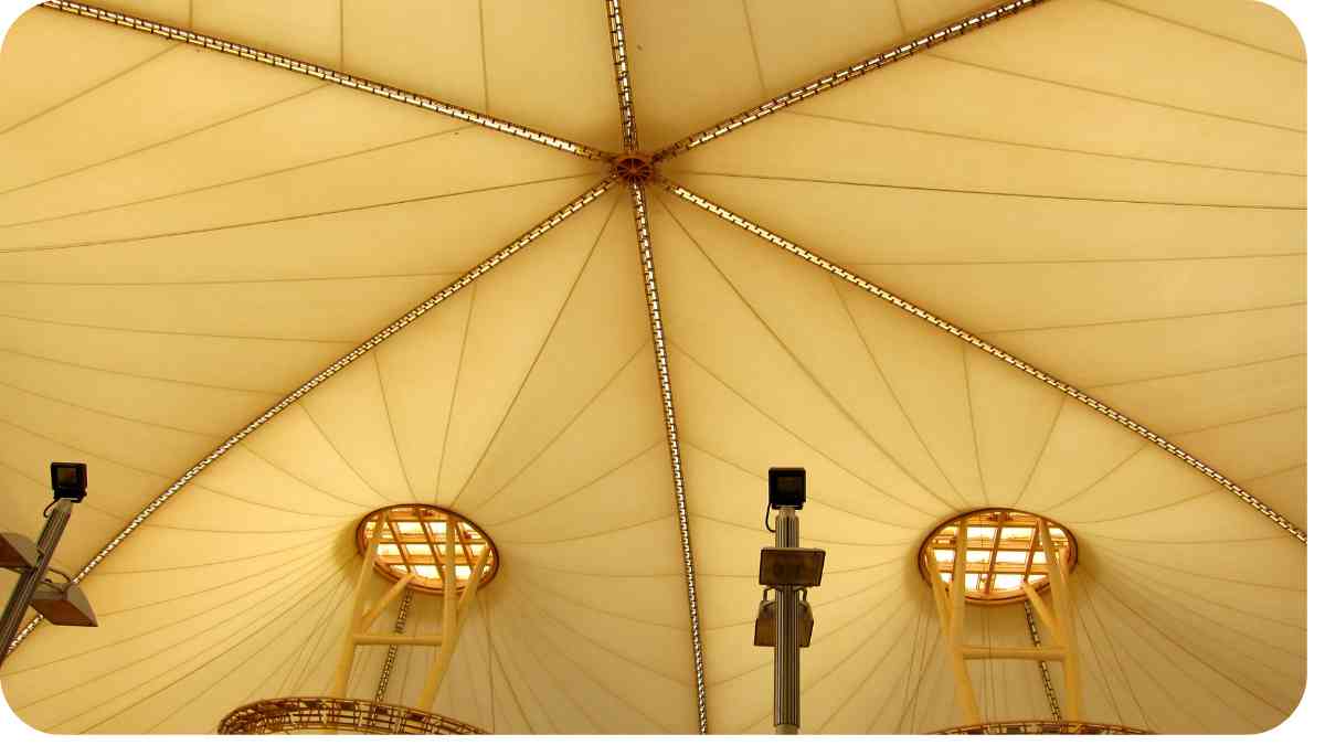 the inside of a tent with four windows and a ceiling