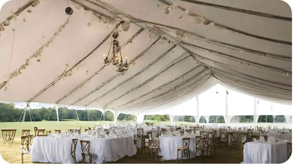 a large white tent with tables and chairs inside