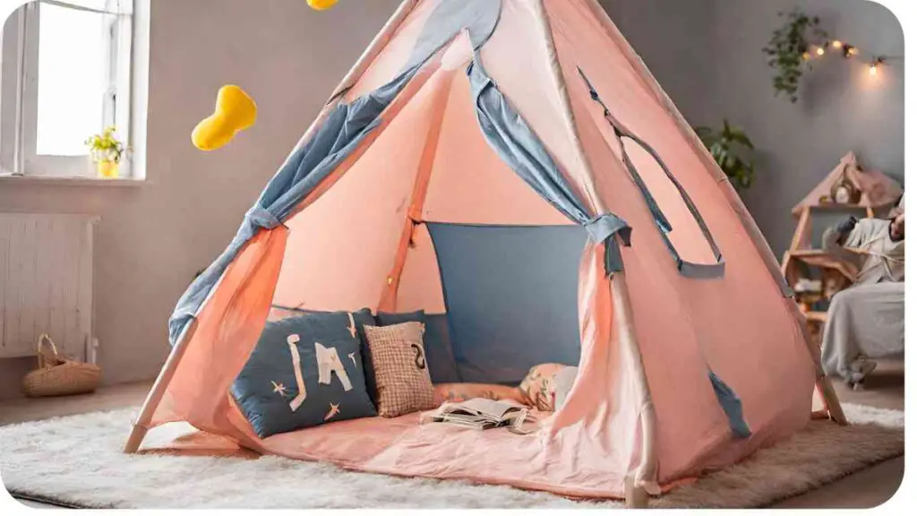 a pink and blue teepee tent in a room