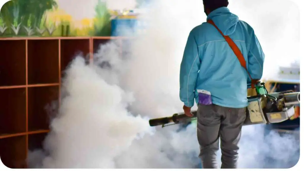 a person in a blue jacket is spraying a room with smoke