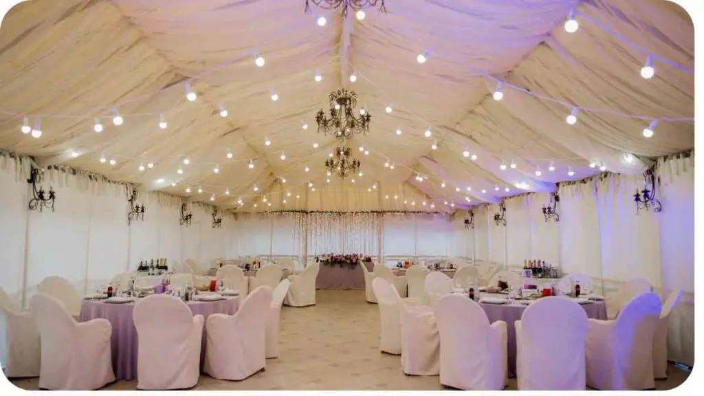 a large tent with white tablecloths and purple lights hanging from the ceiling