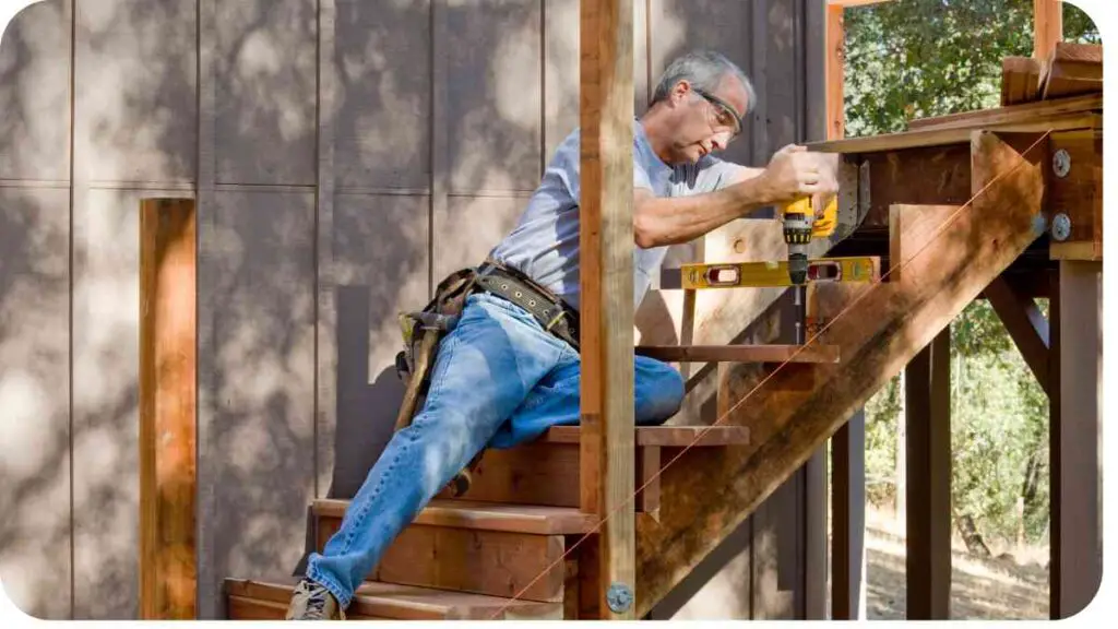 a person is working on a wooden staircase