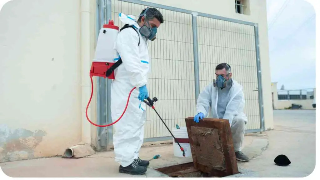 two individuals in protective suits and white coveralls are working on a metal box