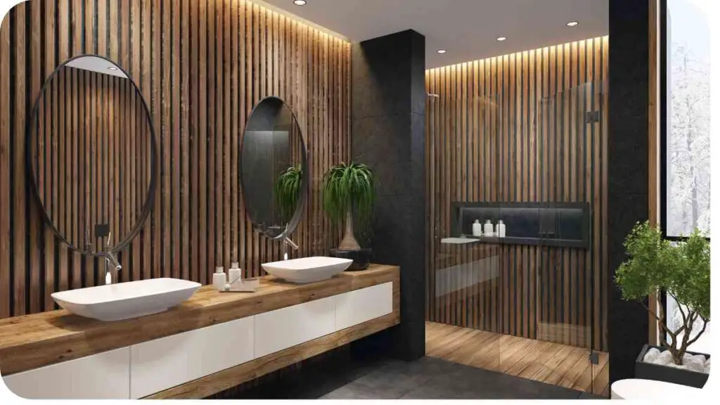 a modern bathroom with wooden walls and mirrors