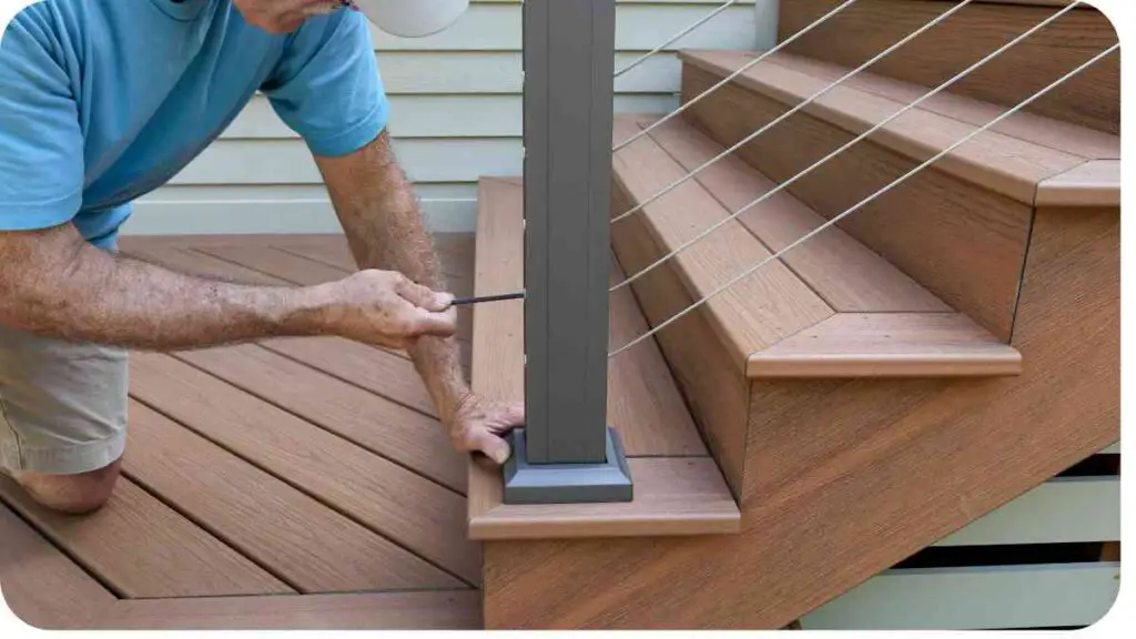 a person using a screwdriver to install a railing on a wooden deck