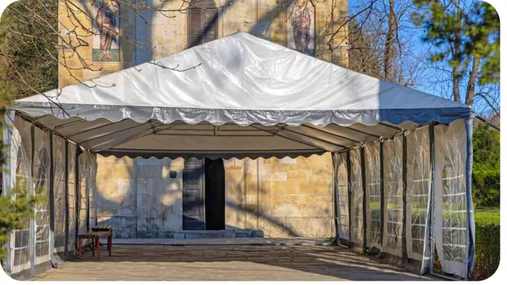 a tent is set up in front of a church