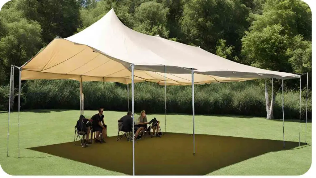 an outdoor tent with people sitting under it