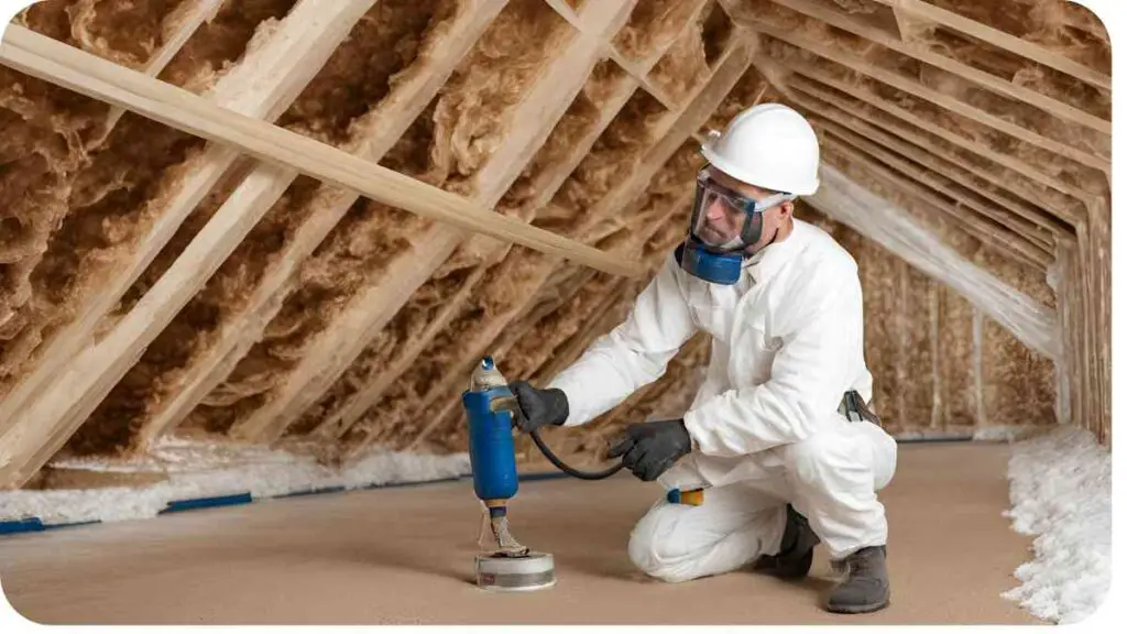 a person in protective gear working on insulation in an attic