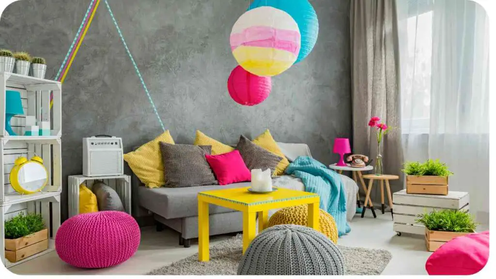 a colorful living room with yellow, pink and white decorations