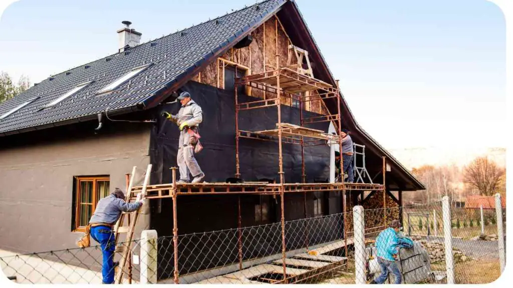 two people are working on a house with scaffolding