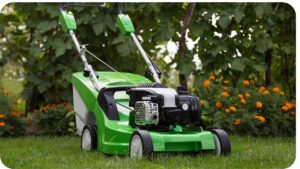 a green lawn mower sitting in the grass
