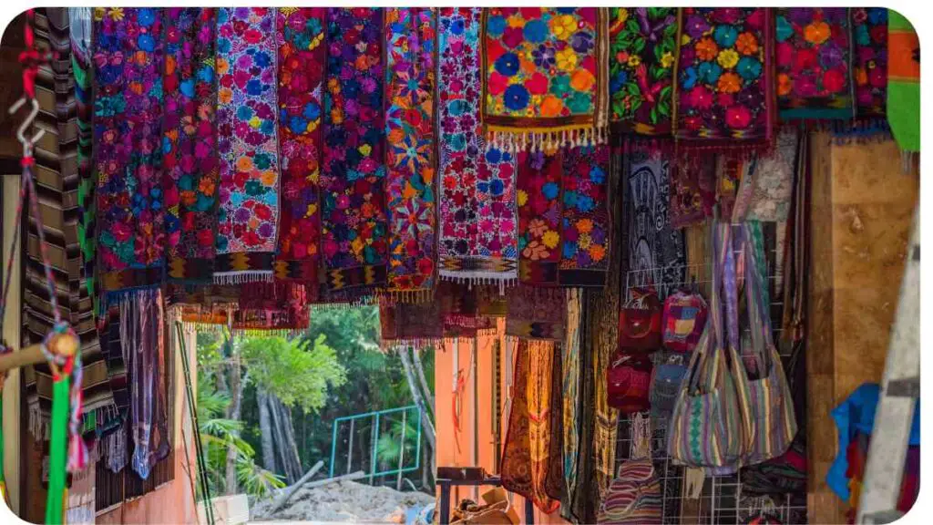 a colorful market with a dog walking through it