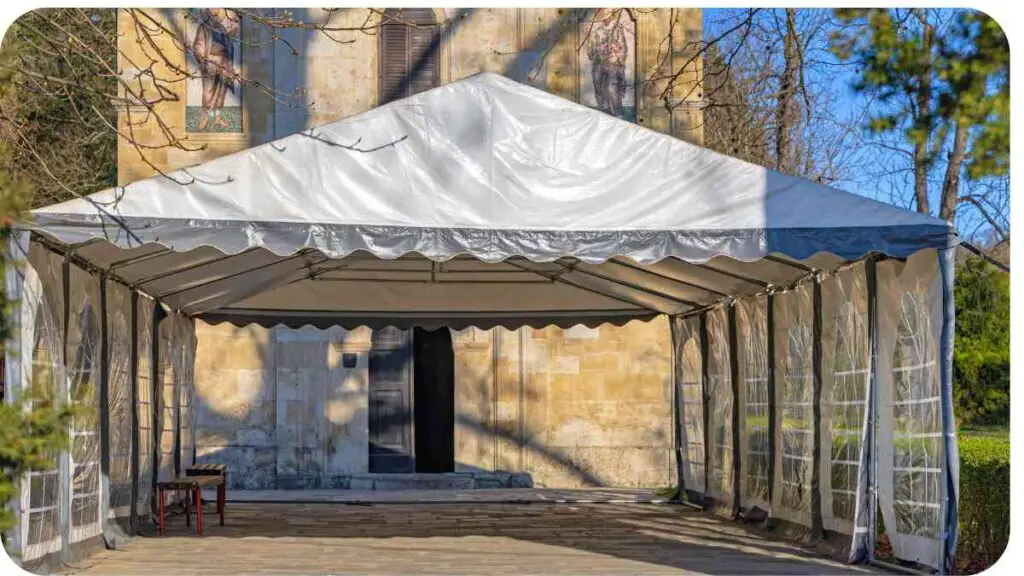 a tent is set up in front of a church