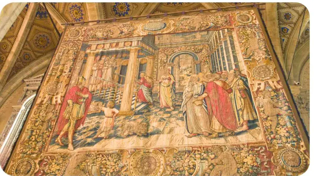 a large tapestry hanging in a cathedral