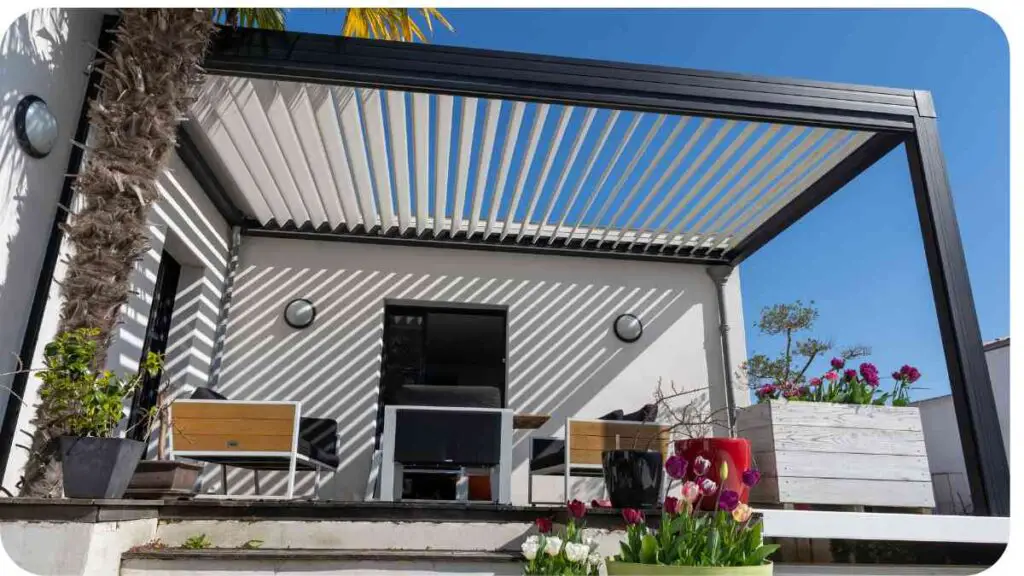 an outdoor patio with an awning over it