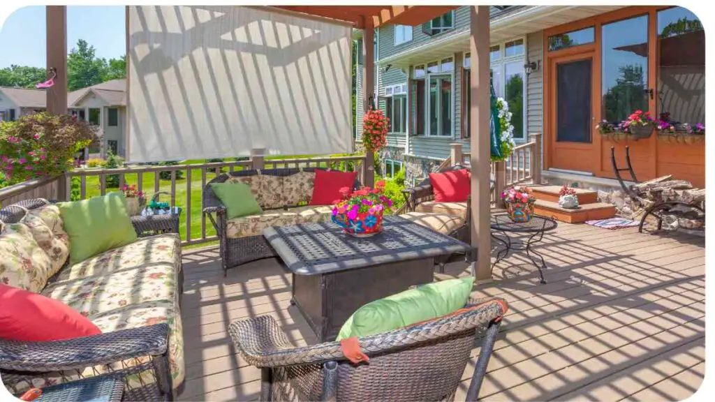 a patio with wicker furniture and a covered porch