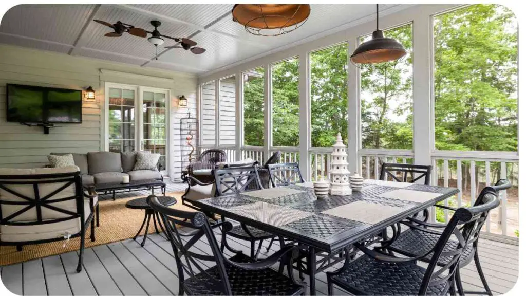 a screened in porch with a dining table and chairs