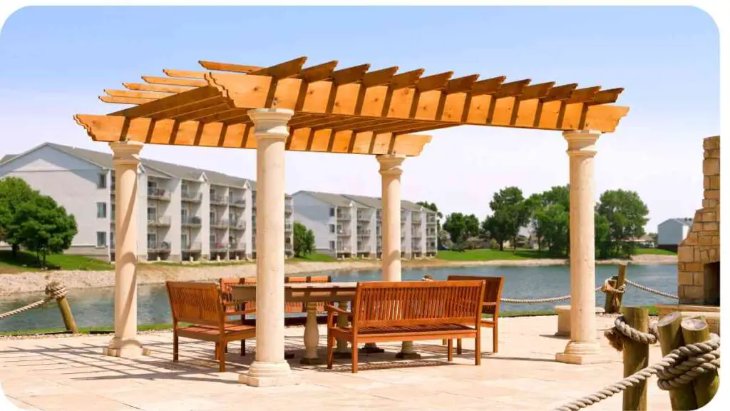 an outdoor dining area with a gazebo