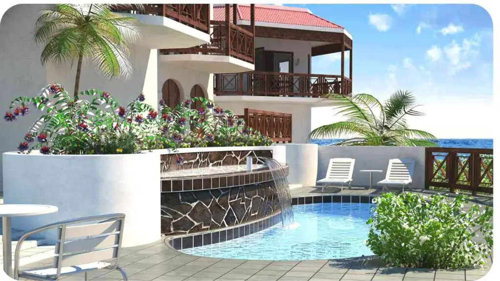 a 3d rendering of a pool and patio area near the ocean