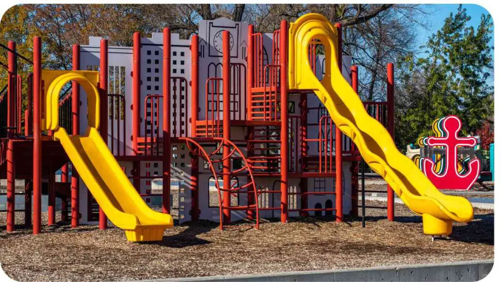 a playground with red and yellow slides and an anchor