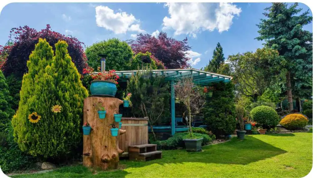 a backyard with a gazebo, trees and shrubs