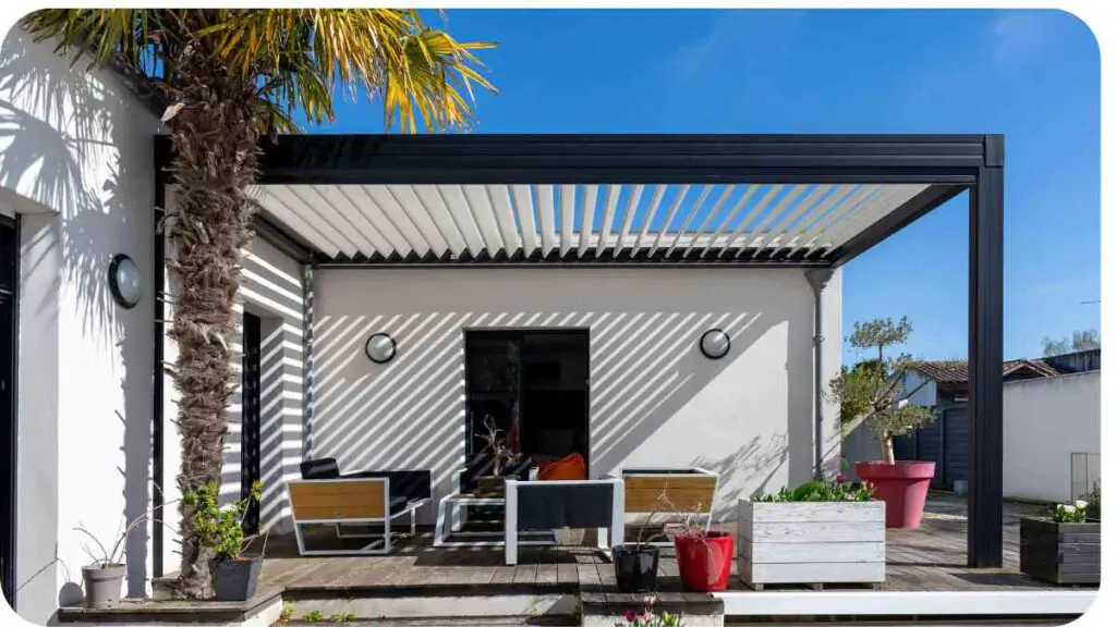 an outdoor patio with a pergola and palm trees