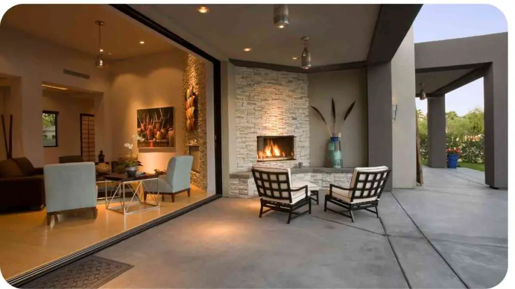 an outdoor living area with a fireplace and chairs