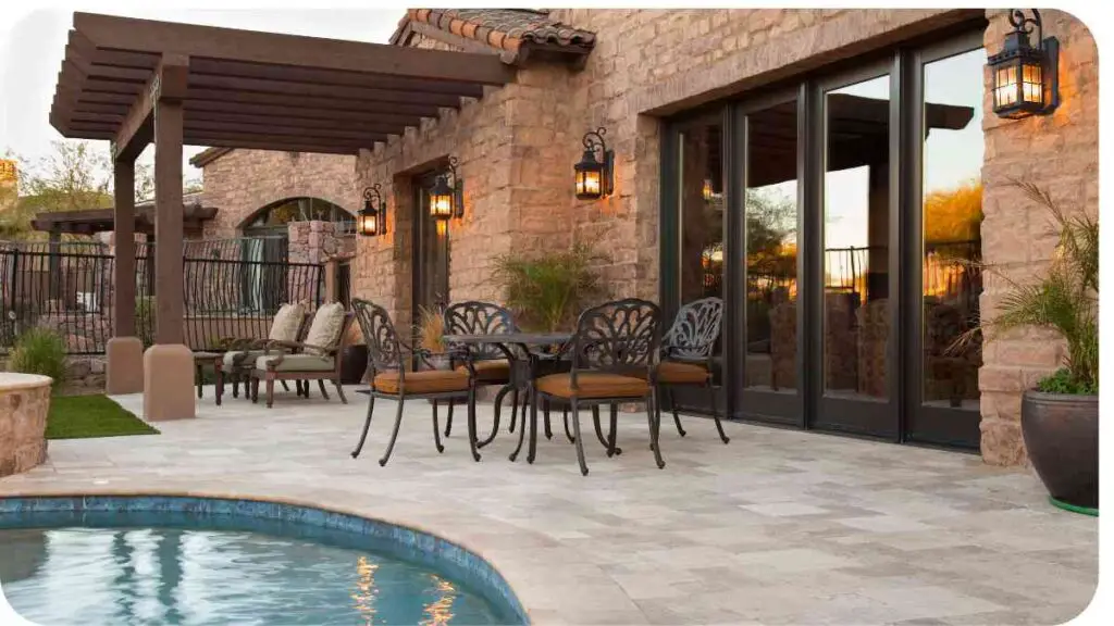 a patio with outdoor furniture and a swimming pool