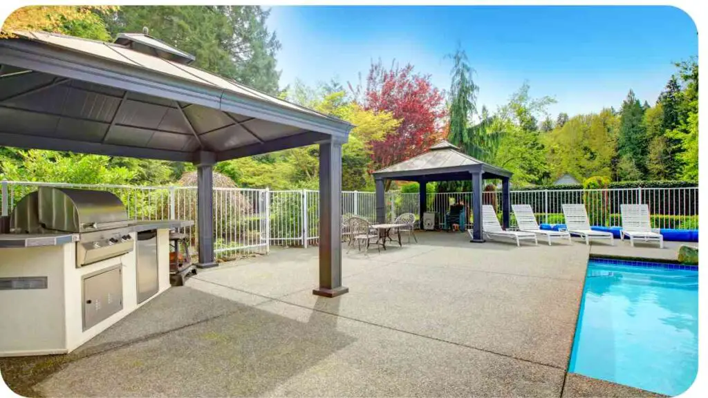 a gazebo near a swimming pool