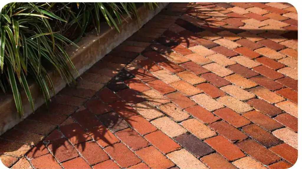 a brick walkway in front of some plants