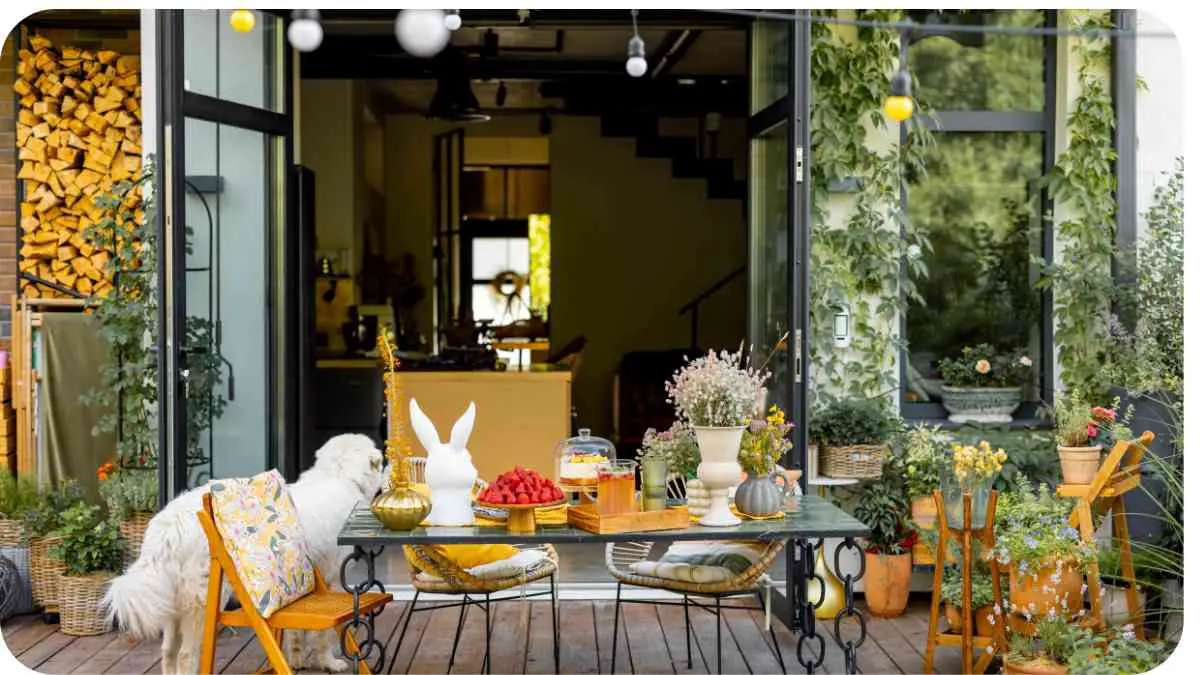 an outdoor dining area with a table and chairs