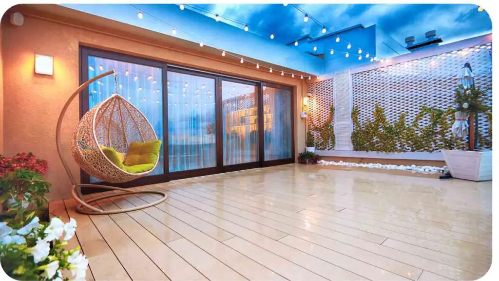 a patio with a hanging chair and string lights