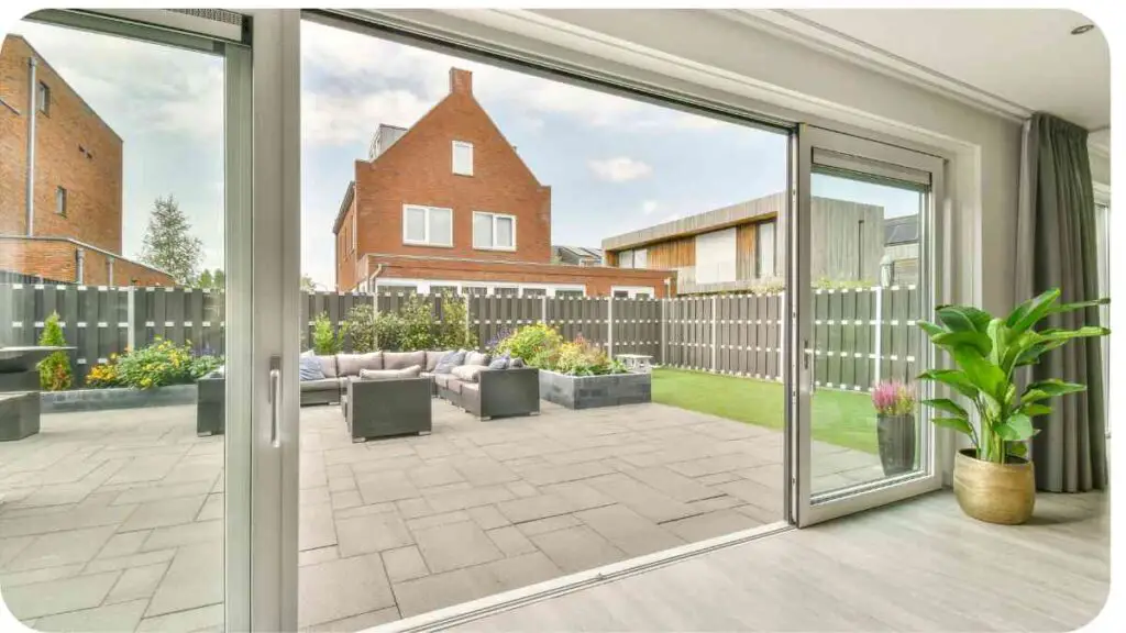 a patio area with sliding glass doors leading to a backyard