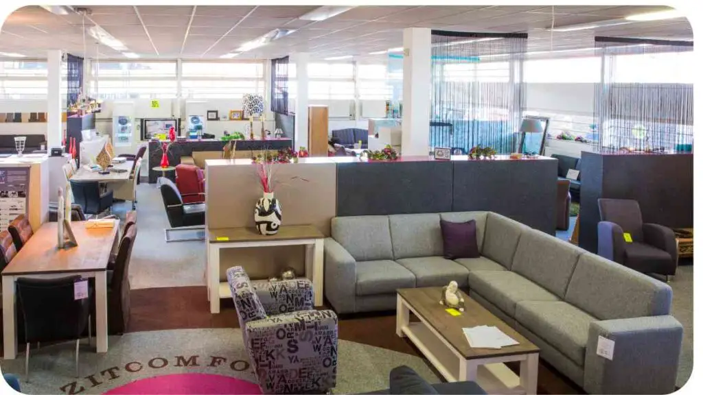 an interior view of a furniture store with couches, tables and chairs