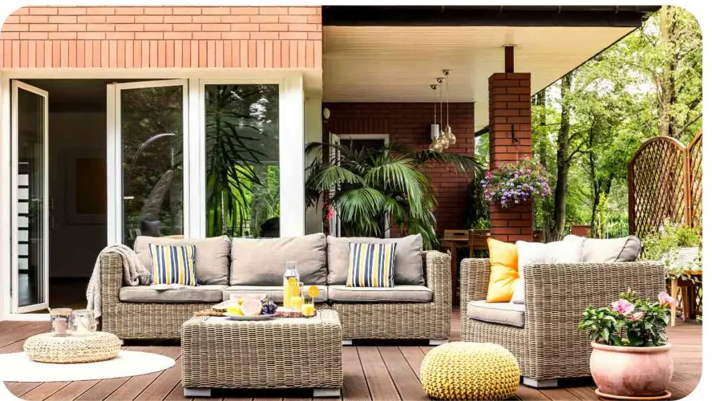 an outdoor patio with wicker furniture and potted plants