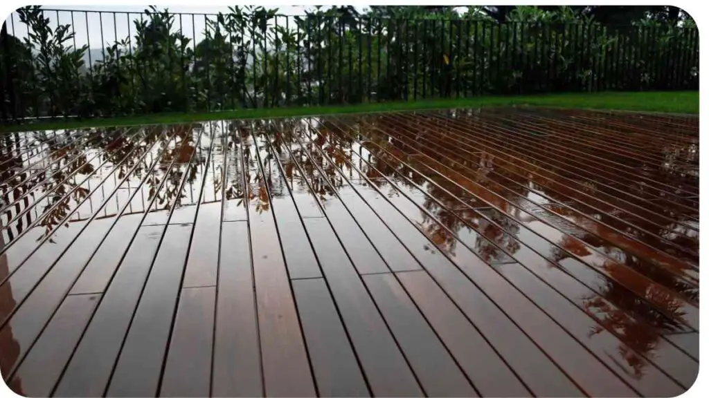 a wooden deck in the rain with a fence in the background